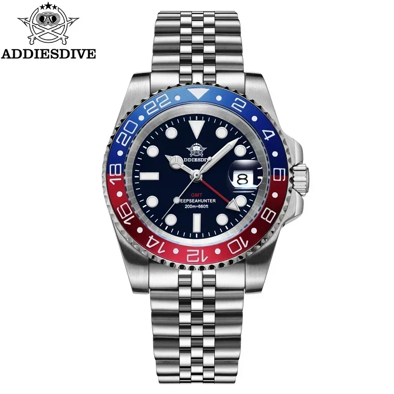 ADDIESDIVE AD2050 GMT Men's Watch Stainless Steel Luminous Quartz Movement Ceramic Bezel 20Bar Waterproof Calendar Wristwatch