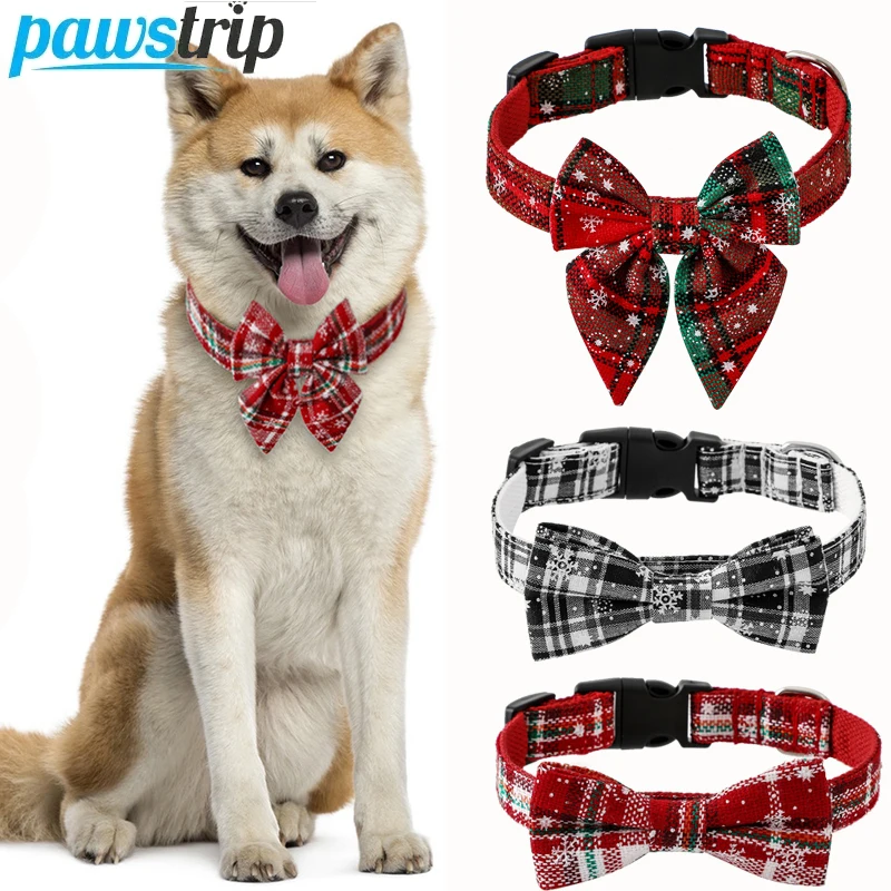 

Christmas Pet Dog Collar Adjustable Pet Collars for Small Medium Dogs Snowflake Print Cat Necklace Cute Puppy Bowtie Pet Supply