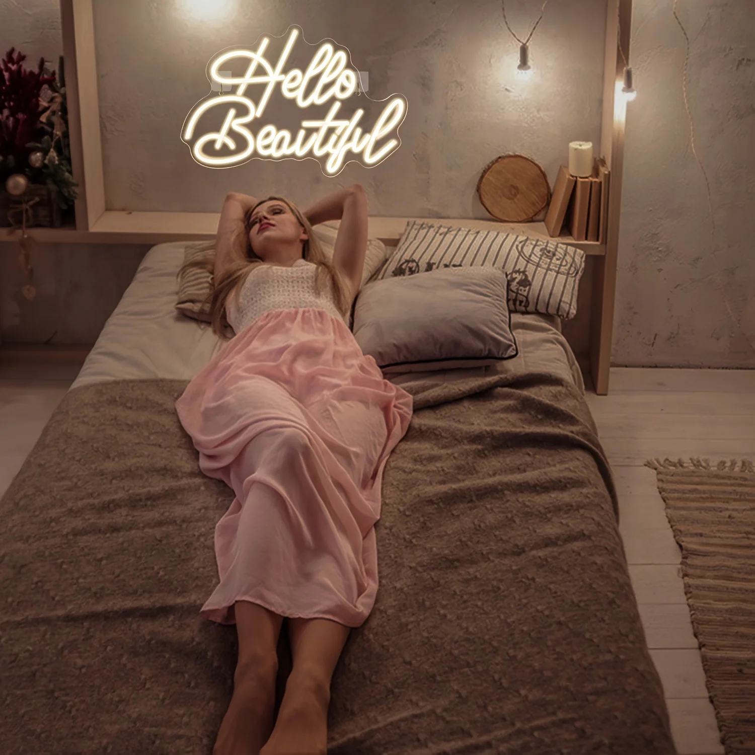 Hello Beautiful LED Neon Sign Light - USB-Powered Warm White Glow Wall Light with Cursive Lettering, Plug