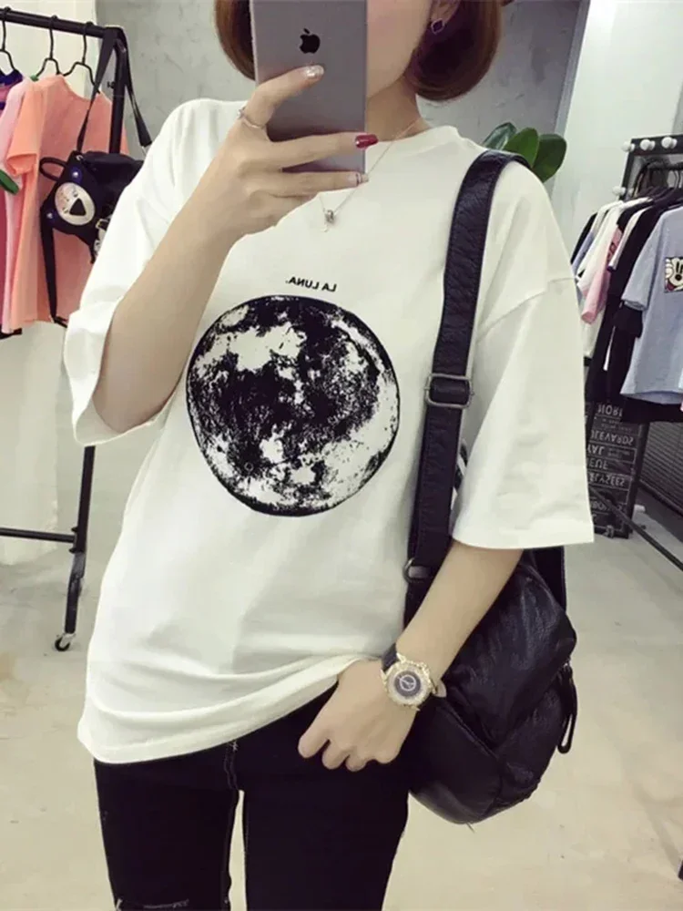 Camiseta blanca informal de manga corta para mujer, Camiseta holgada con estampado de Planeta y Luna, talla m-xxl, Verano