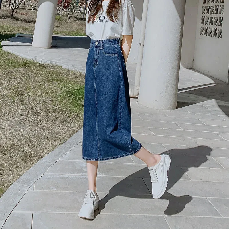 Korean Sweet Solid Women Denim Midi Skirt Summer New Female High Waist A Line Skirt Fashion All Match Slit Ladies Pockets Skirt