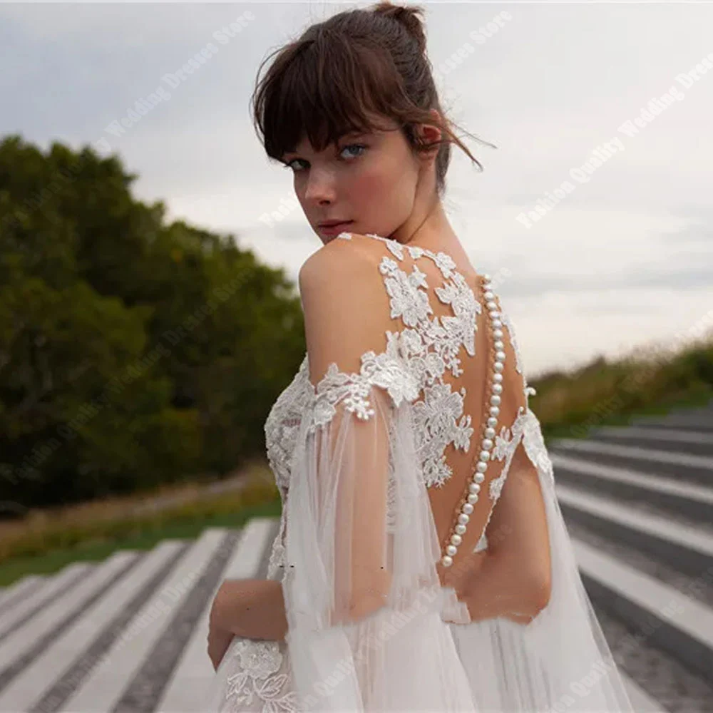 Mooie Illusie Vrouwen Trouwjurken Kant Tule Bloemenprint Bruid Bruidsjurken Dweilen Lengte Prinses Vestidos De Novias