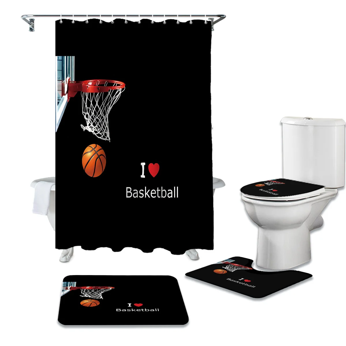 I Love Basketball Player Shower Curtain Sets Non-Slip Rugs Toilet Lid Cover and Bath Mat Waterproof Bathroom Curtains