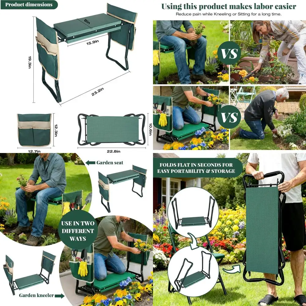 

Улучшенная складная скамья-сиденье для сада с просторной подушкой, прочная складная скамья для садоводства с двумя карманами для инструментов, идеально подходит для мужчин и женщин.