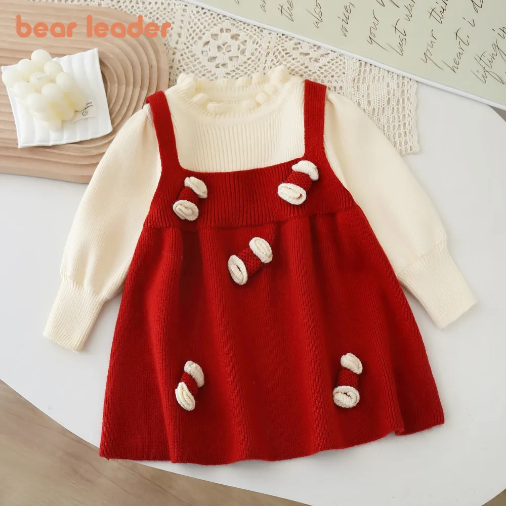 

Красные рождественские милые и милые платья для девочек Bear Leader, трикотажное платье с 3D бантом, искусственная детская одежда из двух предметов с цветными блоками