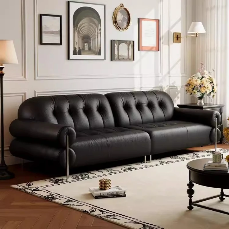 

French retro style brown sugar cloud sofa Italian minimalist straight row small apartment living room black first layer leather