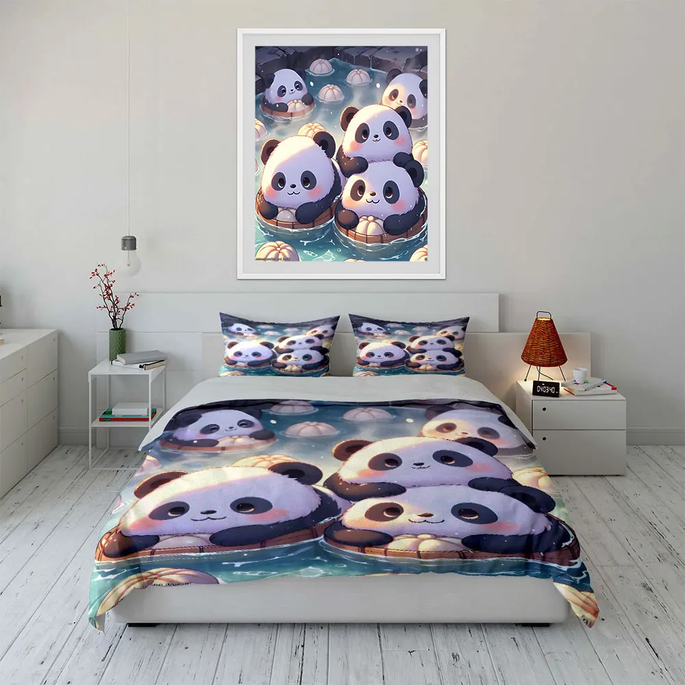 Cute pandas soaking in hot springs Duvet Cover Set with 3D Printing Design Soft Polyester Bedding Set All-Season Comfort