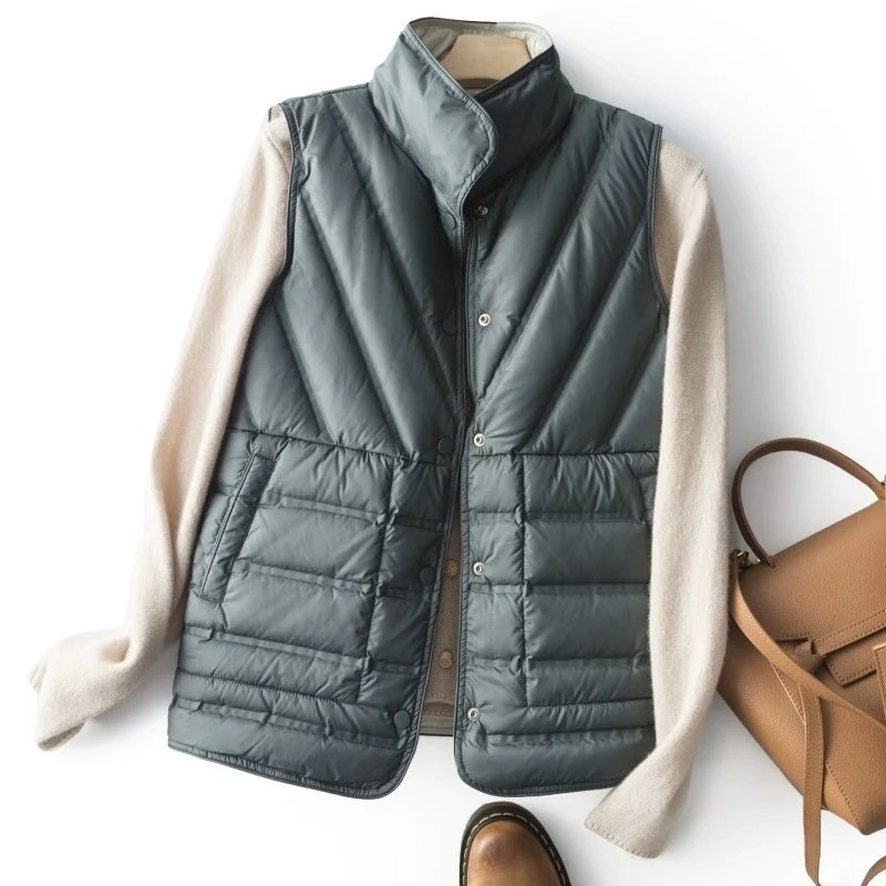 Two-Sided Autumn Winter Women Down Waistcoat Jacket Parka Warm Light Thin White Duck Down Vest Ladies Short Sleeveless Tank Coat