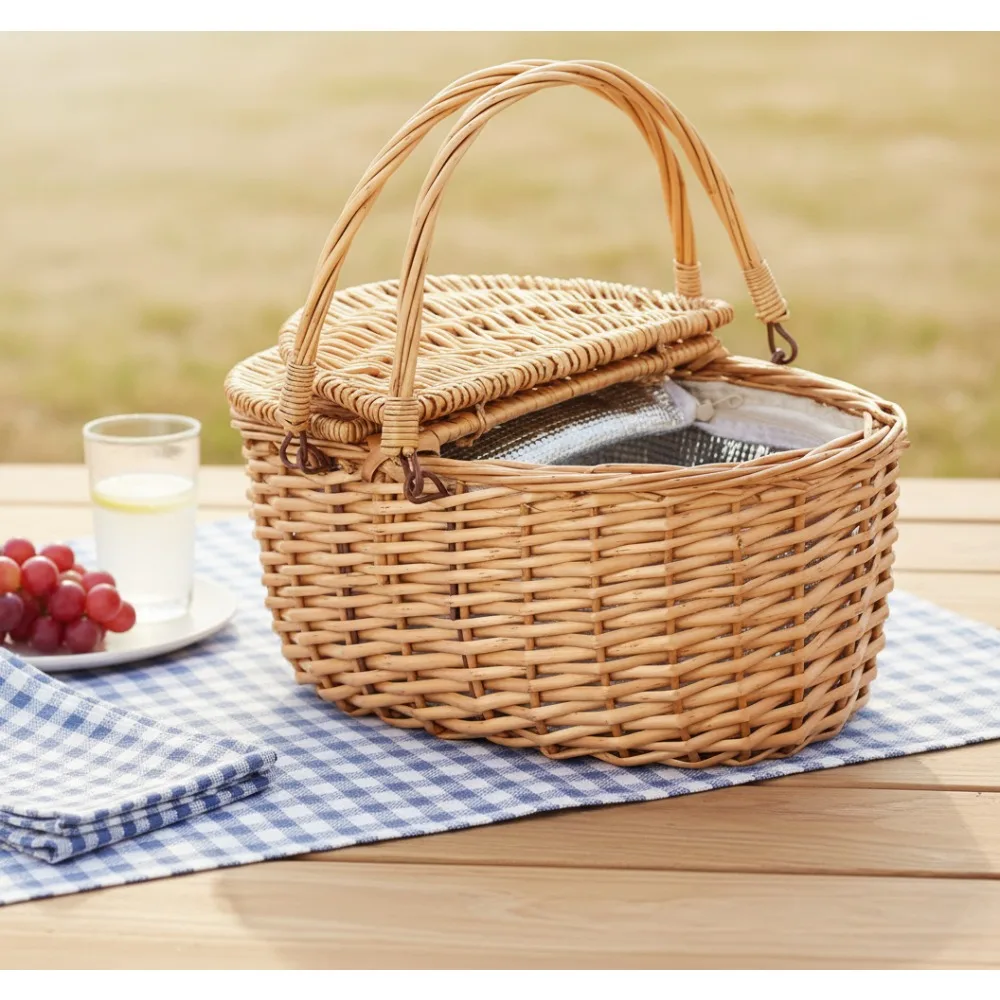 

Vintage Willow Picnic Basket with Insulated Cooler, Handwoven Storage Hamper for Outdoor Gatherings & Beach Trips