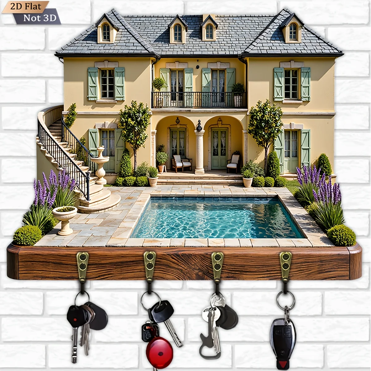 2D Flat, 1pc, European Courtyard Style Wooden Multi-functional Home Key Rack, with Four Metal Hooks, Wall Decoration, Porch