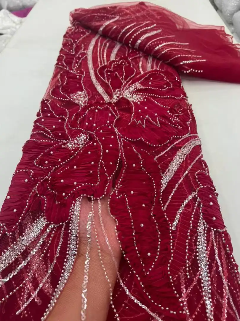 

Лидер продаж, новый дизайн, африканская кружевная ткань с блестками, 2025 г., высококачественная красная французская кружевная ткань с бисером, нигерийская свадебная ткань для невесты