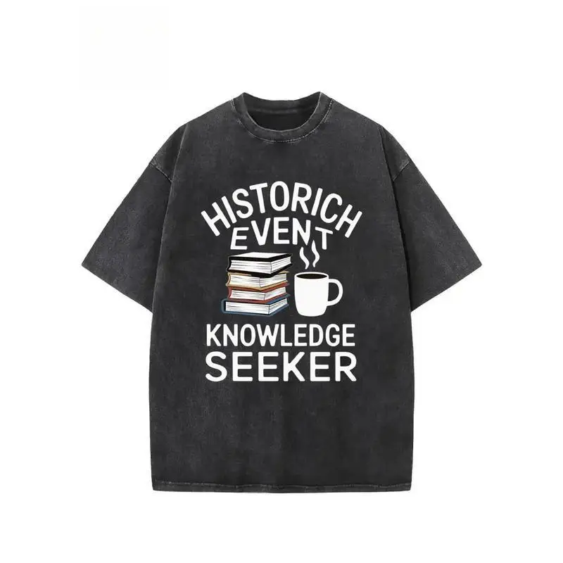 

Vintage Washed T-shirt Book Coffee Print Knowledge Seeker Slogan Tee Unisex Casual Loose Top Harajuku Streetwear Student Gifts
