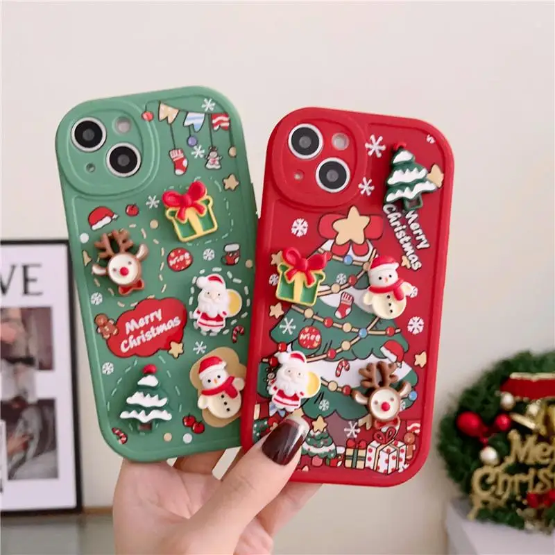 3D Doll Christmas Tree Santa Phone Case For iPhone 15 14 13 Pro Max 12 11 Coque 8 7 Plus SE3 XR X XS Cartoon Reindeer Gift Cover