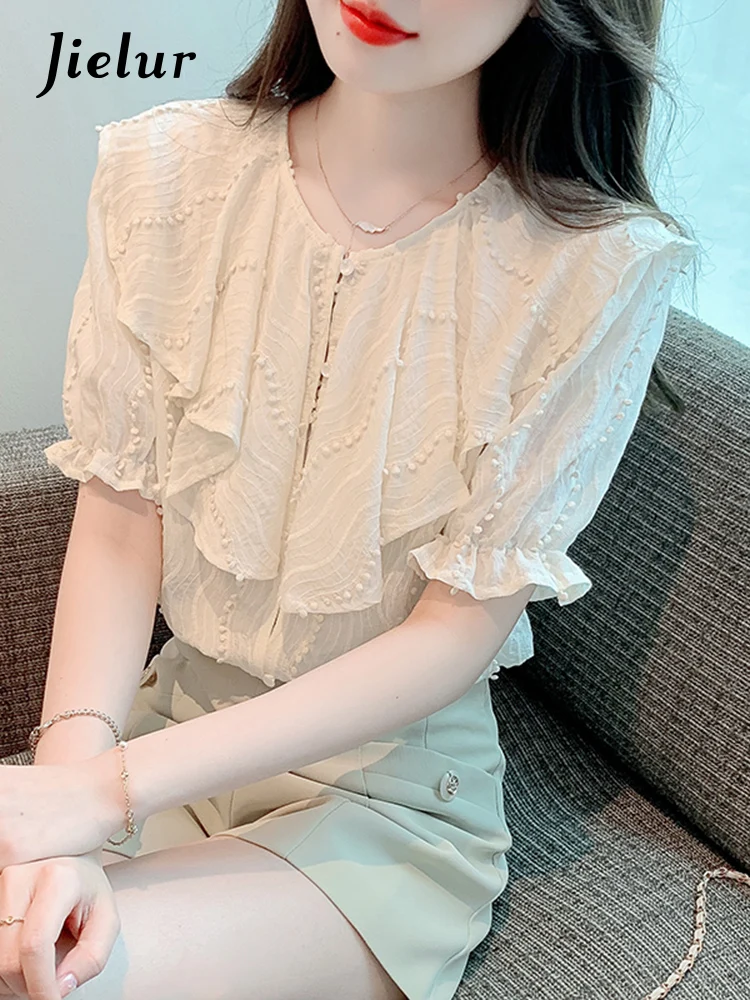 

Jielur Summer New French Solid Color Women Shirt Sweet Ladies Elegant Chiffon Shirt Woman Apricot Young Simple Basic Top Female