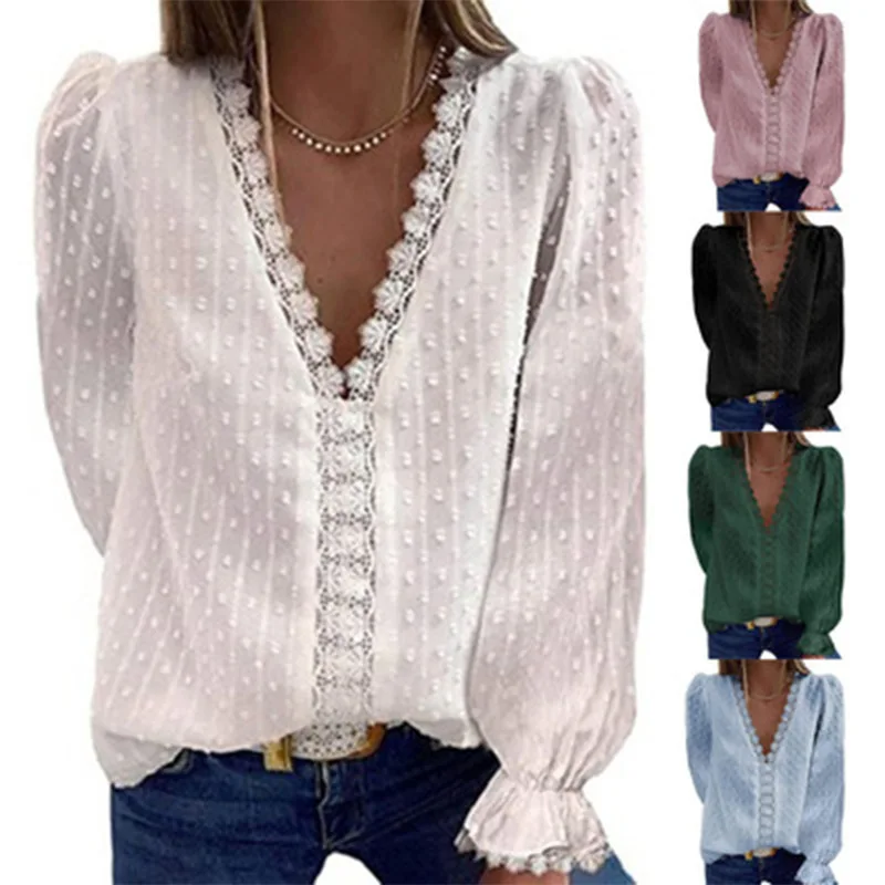 

Long sleeve chiffon shirt for women, solid color, V-neck, embroidery, lace, European and American