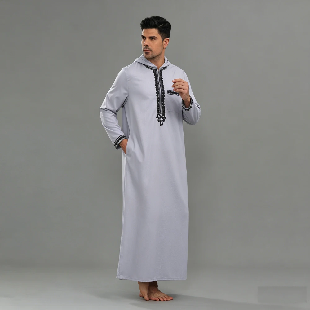 

Dubai Men Hooded Robe Pocket Muslim Abaya Jubba Thobe Moroccan Daffah Dishdasha Djellaba Islam Clothing Arabic Traditional Casua