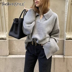 TWOTWINSTYLE Solid Knitting Minimalist Sweater For Women V Neck Long Sleeve Loose Designer Sweaters Female Fashion Style Clothes