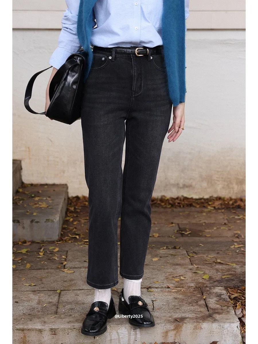 Casual Fce Lined Denim Trousers High Waist Button Detail High Comfortable Autumn Commute Sle Women's Ankle Length Pants