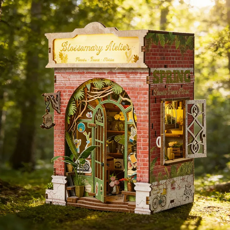 

DIY Book Nook Kit Vintage Flower Shop Miniature Dollhouse with LED Light Wooden Bookend Decor Creative Handmade Craft Gift