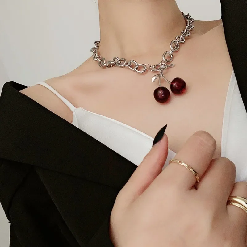 Punk Red Cherry Pendant Choker Y2k Necklace Earrings Chains for Women Girls Summer  For Dancing Party Stainless Steel Jewelry