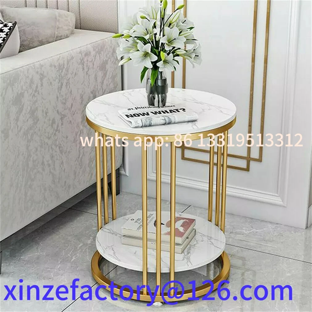 

Customizable 2 Tiers Round Sofa Side Table Sintered Stone Gold Metal Frame End Marble Accent Coffee
