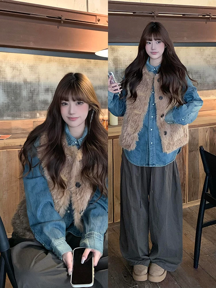 

Stylish Lazy Style Fur Vest Denim Shirt Wide Leg Pants Three Piece Set Women's Fashionable Early Autumn New Arrival