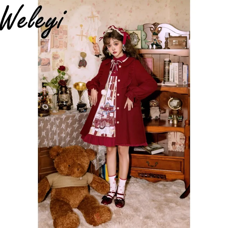 Herfst en winter lief meisje wollen jas Lolita originele elegante schattige pop kraag lange mouw strik middellange en lange cape jassen