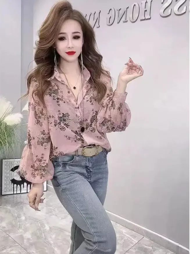 

Новый стиль, закрывающая живот, рубашка с полуворотником, топ из пряжи с цветочным принтом, элегантная шифоновая блузка с цветочным принтом, женская весна-лето