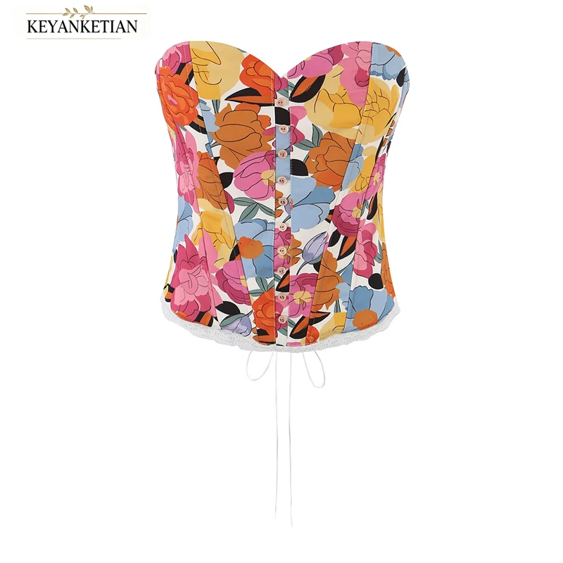 KEYANKETIAN 2026 Floral Strapless Corset Top Sweetheart Neck Front Buttons Back Lace Up Lace Trim Slim Cropped Vintage Bustier