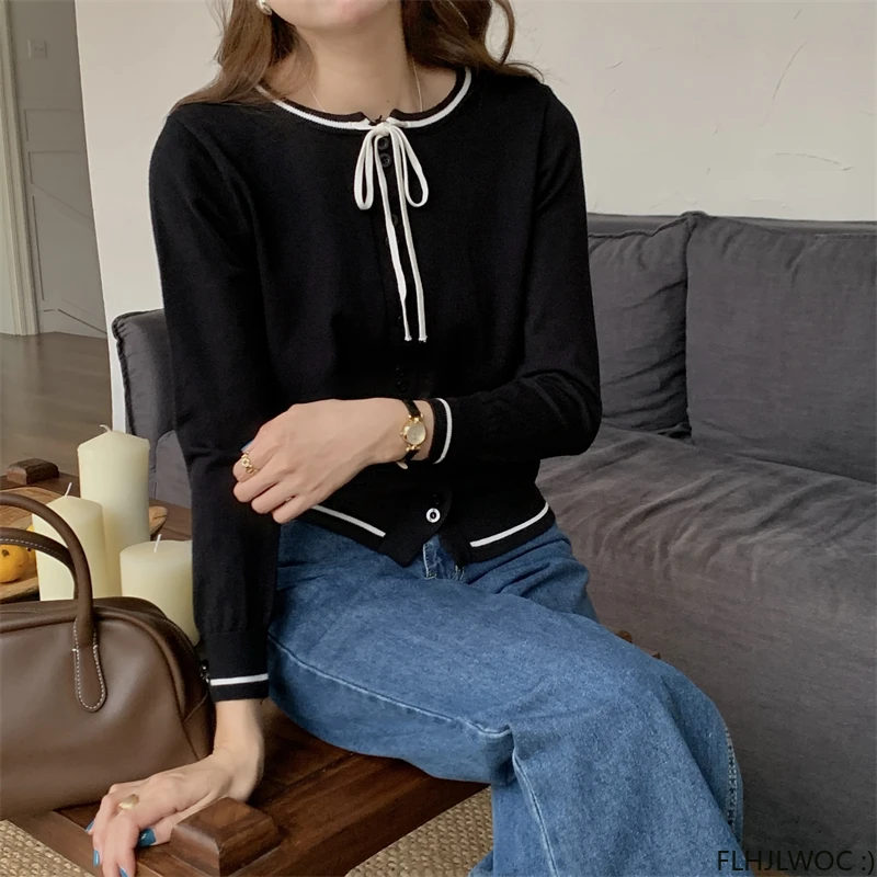 Cute Bow Tie Tops Pullovers Jumpers Hot Sales Preppy Style Girls Japan Korea Chic Fashion Design White Black Knitted Sweaters