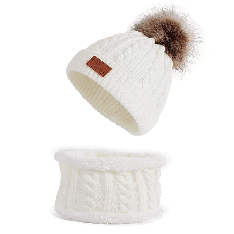 2pcs/set Winter Knitted Children Beanie Cap Scarf Set Kids Pompom Hat Scarf Suit Outdoor Thick Warm Accessories