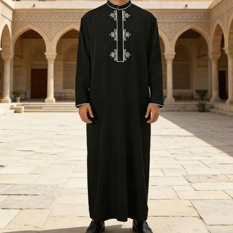 

Y3NE Traditional Middle Eastern Robe with Embroidered Collar and Woven Bands Muslims Men's Long Sleeve Breathable Fabric for