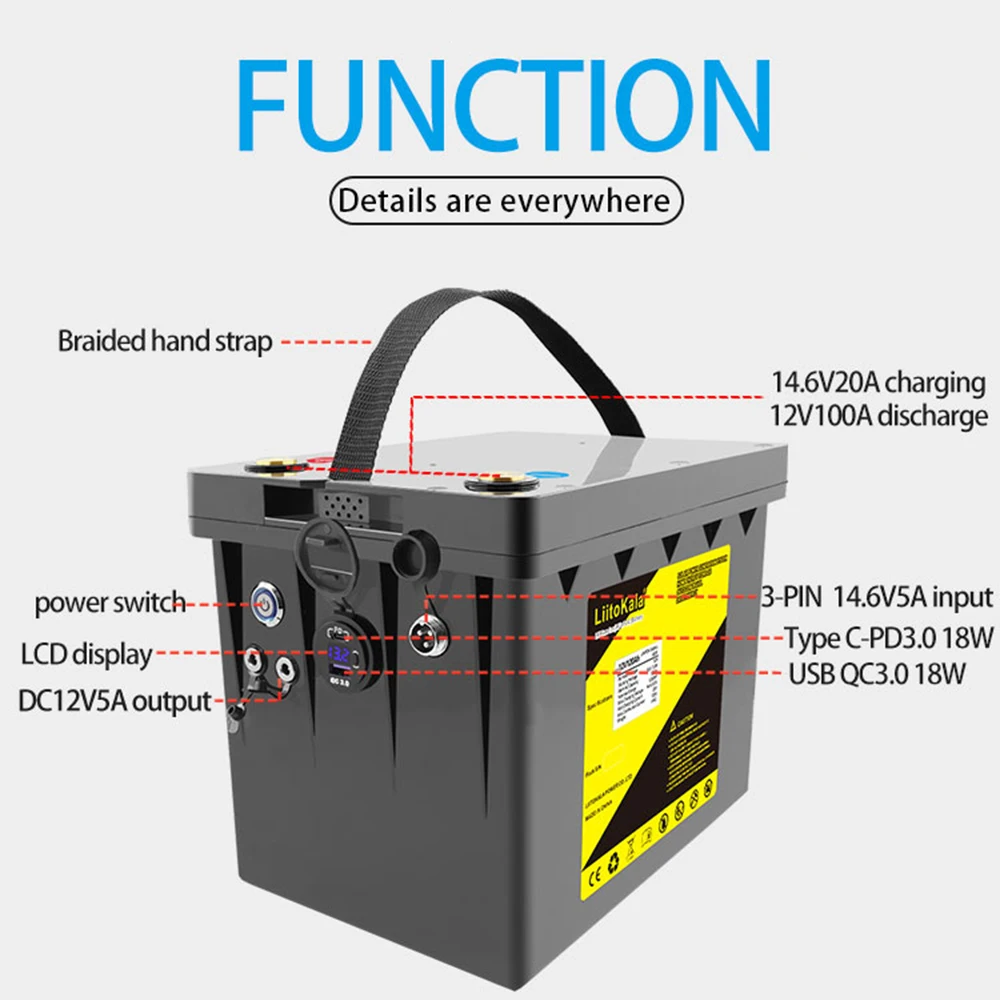 12.8V 120Ah LiFePO4 Battery 12.8V Power For RV Campers Golf Cart Off-Road Off-grid Solar Wind，QC3.0 Type-C USB output