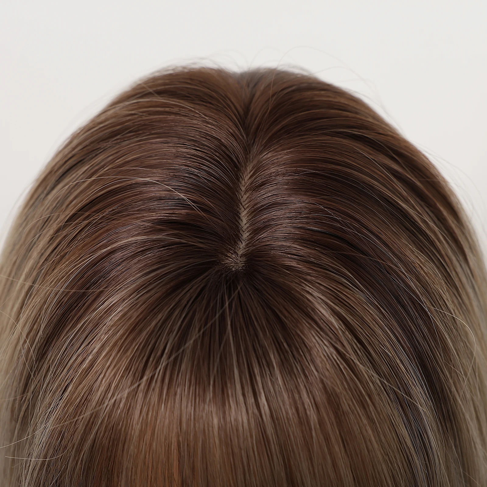 ALAN EATON 16 Inch Medium Length Brown Synthetic Wigs With Bangs For Women Ombre Brown Straight Hair Wigs Daily Wear Fake Hair