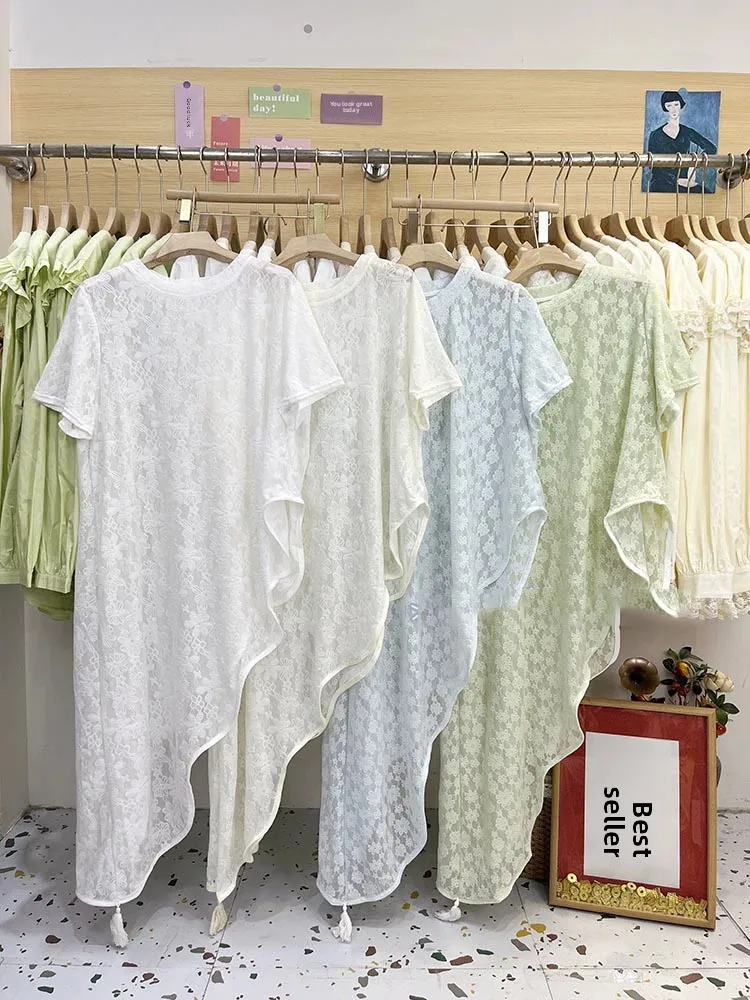 

Unique Beautiful White Lace T-irt Skirt Set Korean Sle Summer f Cheered Skirt Tee-Piece Women's Faion Outfit