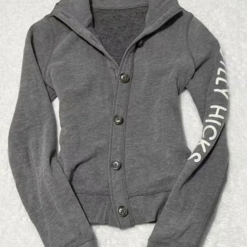 

2025 Early Autumn New Gray Sweatshirts Stand Collar Single Breasted Jackets American Vintage Long Sleeve Coat Women