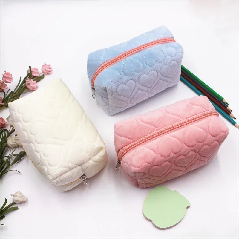 Cute Women Makeup Kits Organizer Handbag Phone Pencil Case Box Pouch Bags Travel Plush Heart Cosmetic Storage Bag Wallet