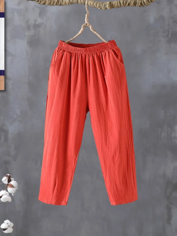 2024 Fashion Woman Pants Casual Cotton Linen Harem Pants LOOSE Solid Ankle-Length Pants Elastic Waist Women's Summer Breeches