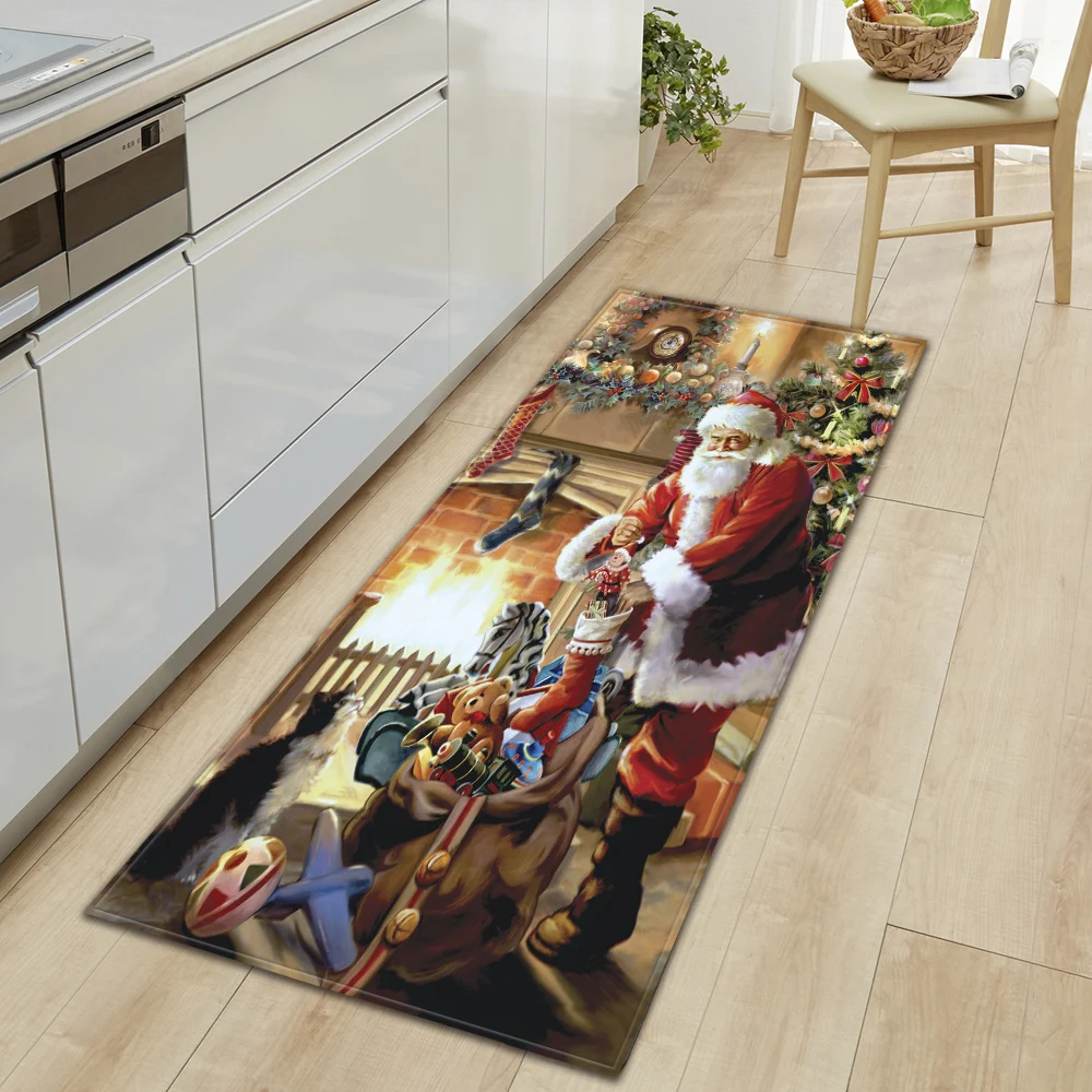 Christmas Kitchen Mat Entrance Door  Home Bedroom Floor Corridor Bathroom Anti-Slip Foot  Living Room Decorative Carpet