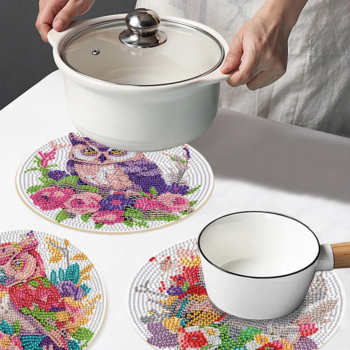 3 stuks Diamond Art schilderij placemat kit, kleurrijke uil diamant ronde placemats ambachtelijke placemats tafel keuken voor Home Decor Gift