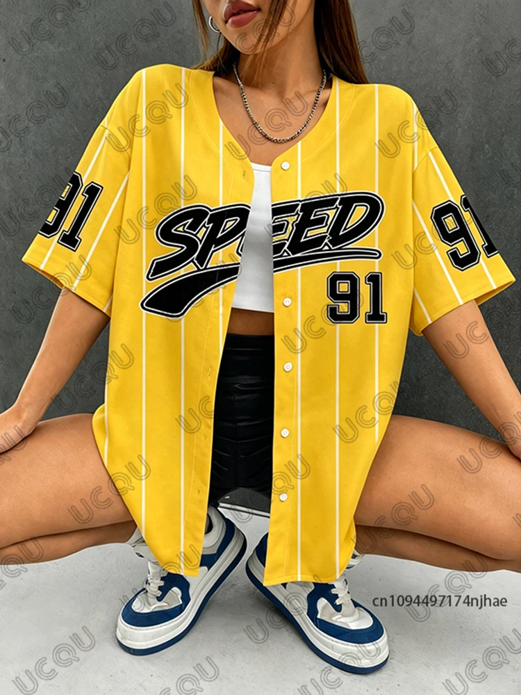 2026 Summer New Retro Black Speed 91 Stripe Print Blouse Women Streetwear Baseball Shirt Hip Hop Short Sleeve Button Up Tops