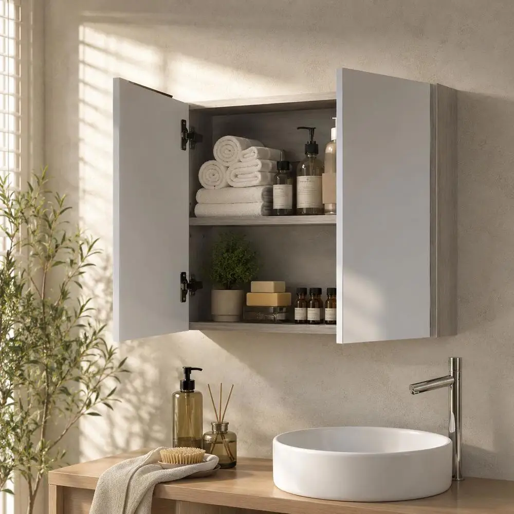 Armoire murale de salle de bain avec miroir, meuble de salle de bain à double portes et étagères réglables, gris XXCM