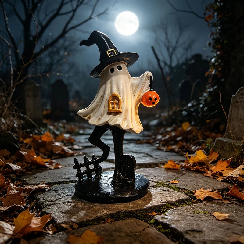 Halloween Ghost Figurine Cute Pumpkin Ghost Resin Statue for Desk Tabletop Centerpieces Spooky Home