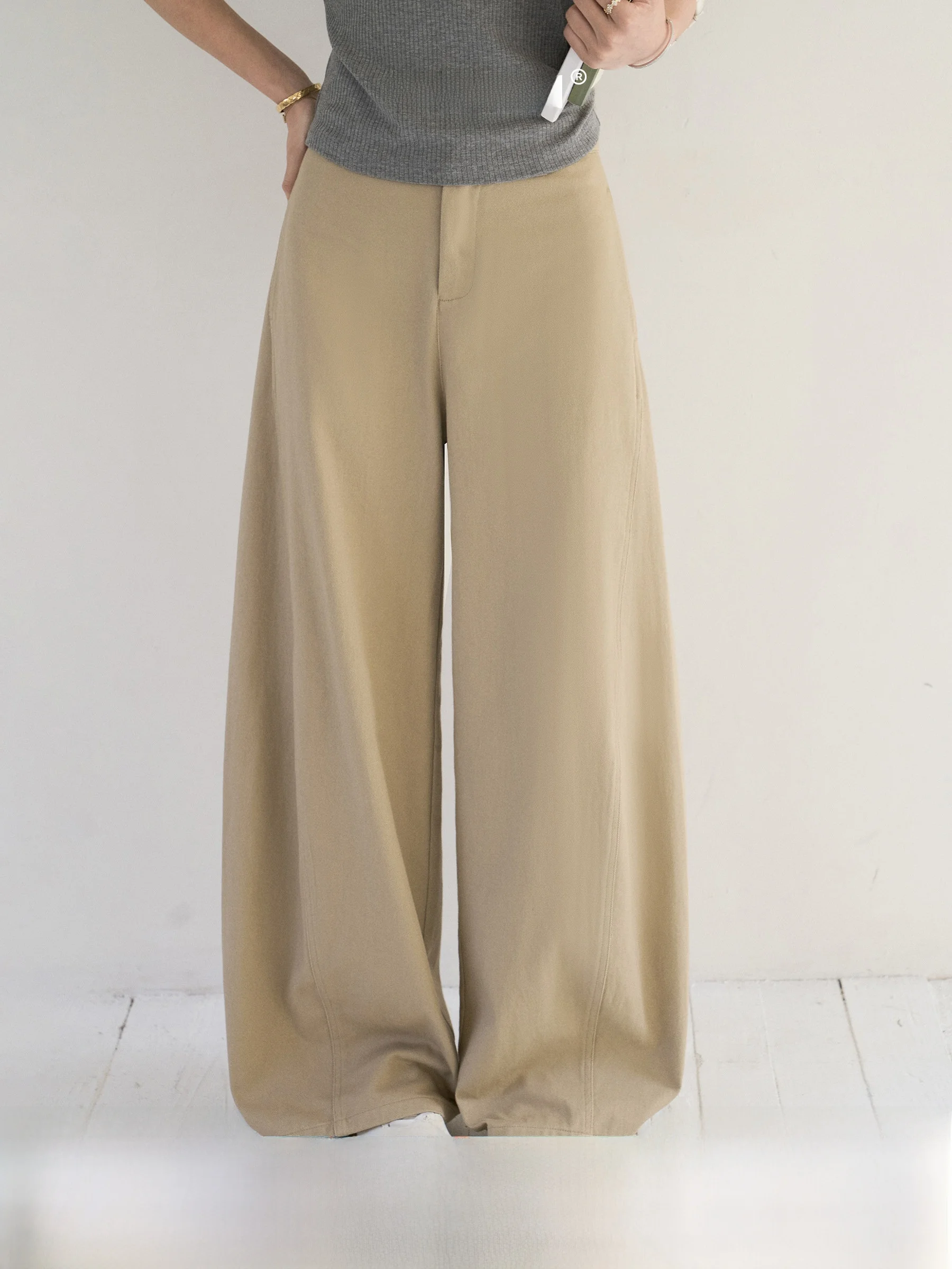 

Khaki American Style Casual Pants Women's Spring Summer New Model Bend Knife Wide Leg Pants High Waist Zipper Closure Ladies