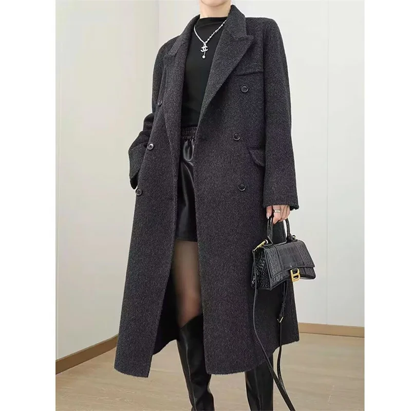 Winter Korean Handmade Double Breasted Long 100% Wool Coat Women Casual Loose Lacing Belt Woolen Overcoat Oversized