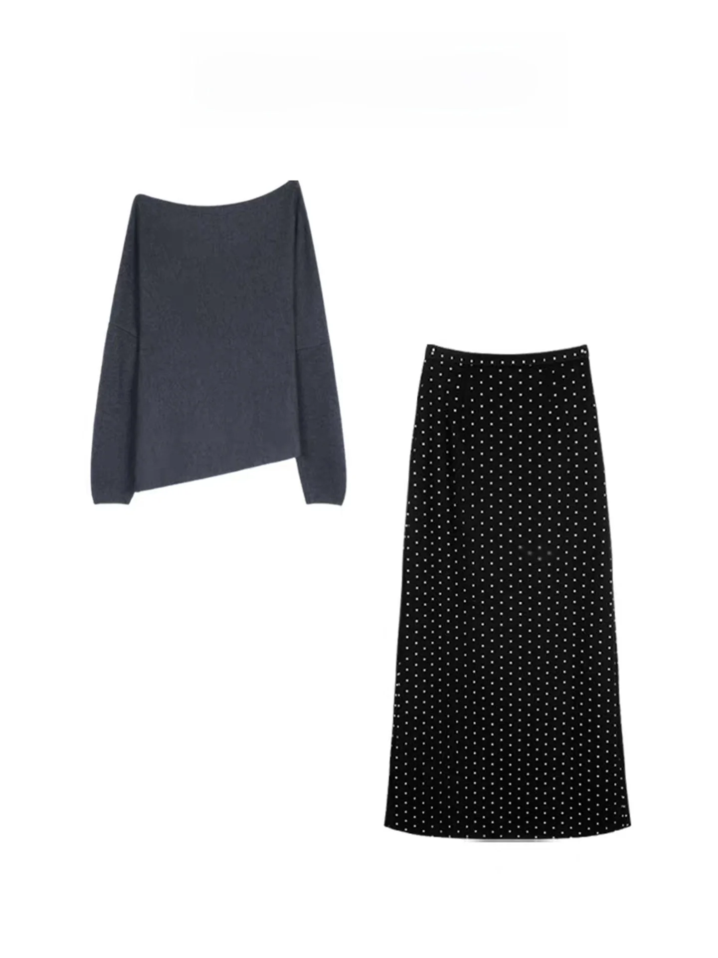 

Korean Sle Polka Dot Long Skirt Set Women's Autumn Winter Hot Girl oulder Bared Dr High Waist Universal Fit Casual Wear