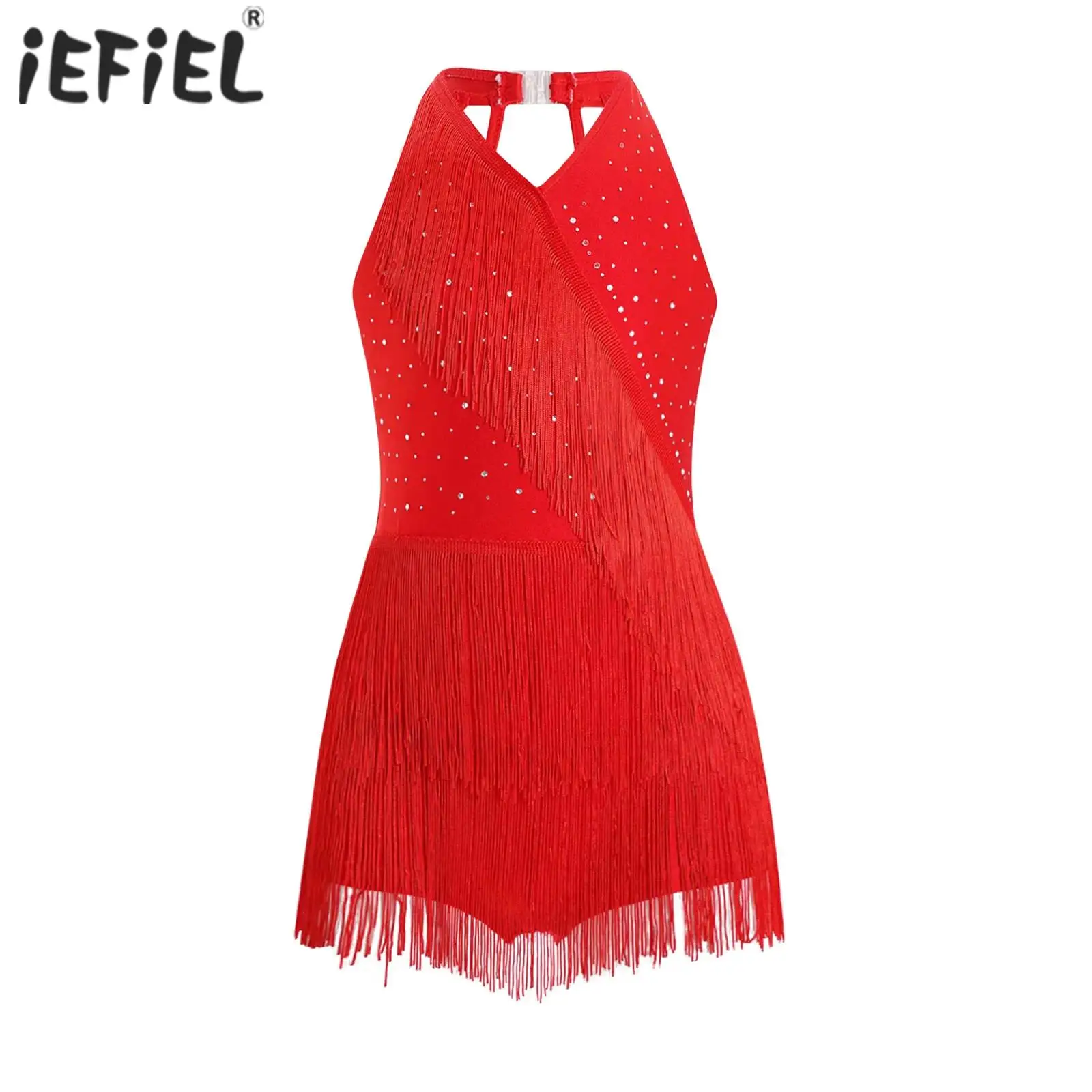 Kids Girls Latin Leotard Dress Dance Costume Rhinestones Fringe Bodysuit Skirted Dress Halter V-neck Sleeveless Tassel Jumpsuit