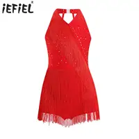 Vestido de leotardo latino para niñas, traje de baile, mono con flecos y diamantes de imitación, vestido con falda, mono sin mangas con cuello en V y borlas