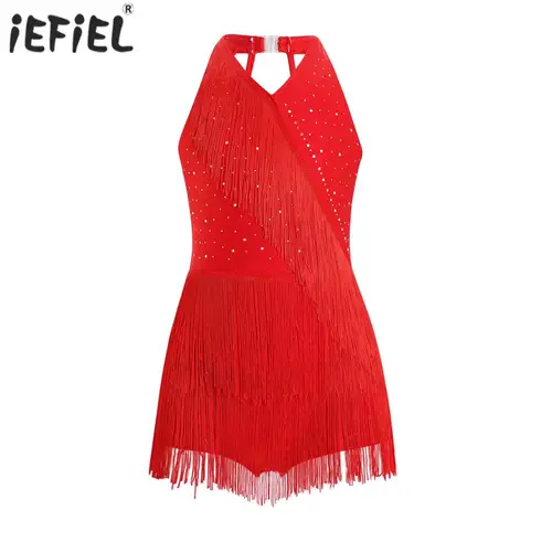 Vestido de leotardo latino para niñas, traje de baile, mono con flecos y diamantes de imitación, vestido con falda, mono sin mangas con cuello en V y borlas