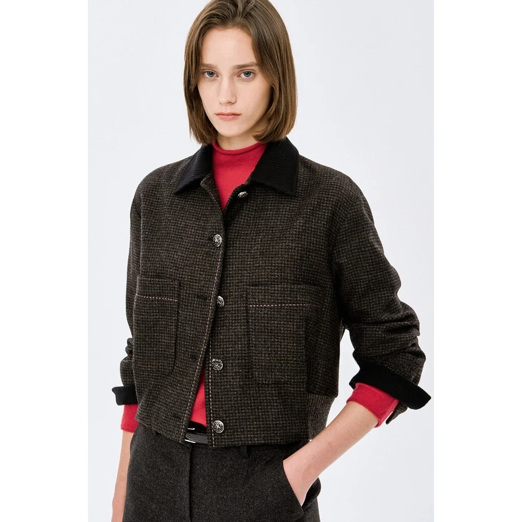 Commuter Plaid Jacket Thickened Flap Collar Color Block Split Korean Style Slimming Women's Short Outerwear Coat